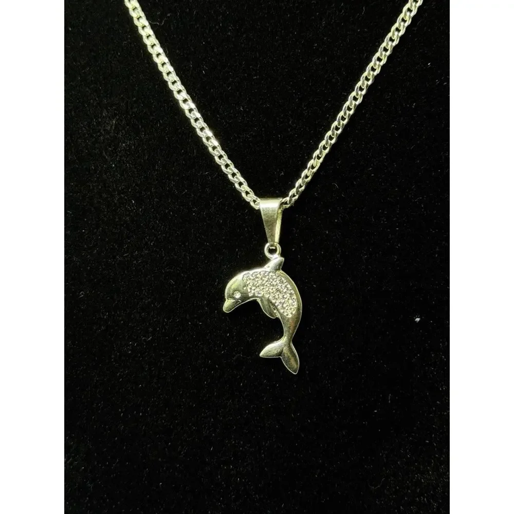 925 Sterling Silver Dolphin Pendant Necklace 20 Inch Curb Chain CZ Accents